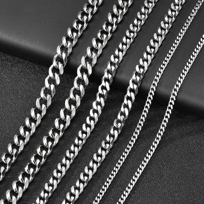 Chaîne en acier inoxydable de 3mm et 7mm de large, chaînes à maillons cubains, collier ras de cou pour hommes, bijoux en métal massif plaqué argent, à la mode