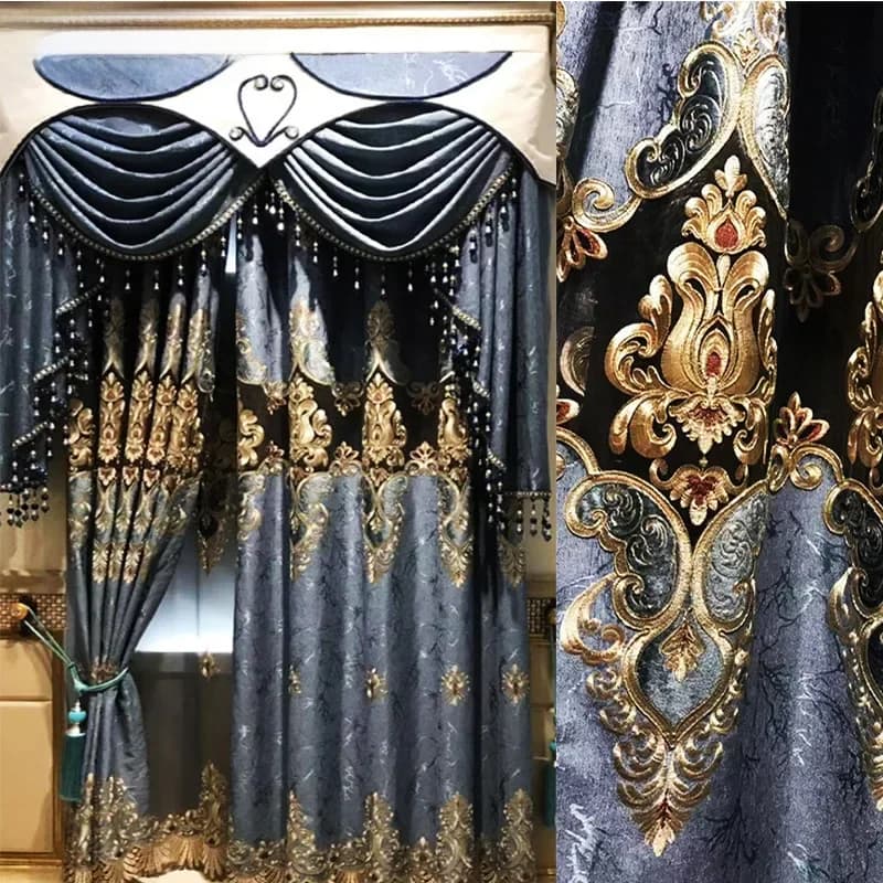 Rideaux rétro brodés de luxe européens, pour chambre à coucher, salon, Villa, palais, porte fenêtre bleue, occultant Soluble dans l'eau