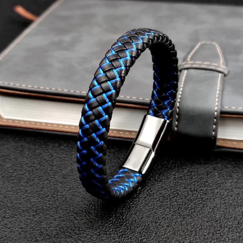 Bracelet en cuir tressé pour hommes d'affaires, nom personnalisé gratuit, bleu/rouge, Simple, en acier inoxydable, serrure