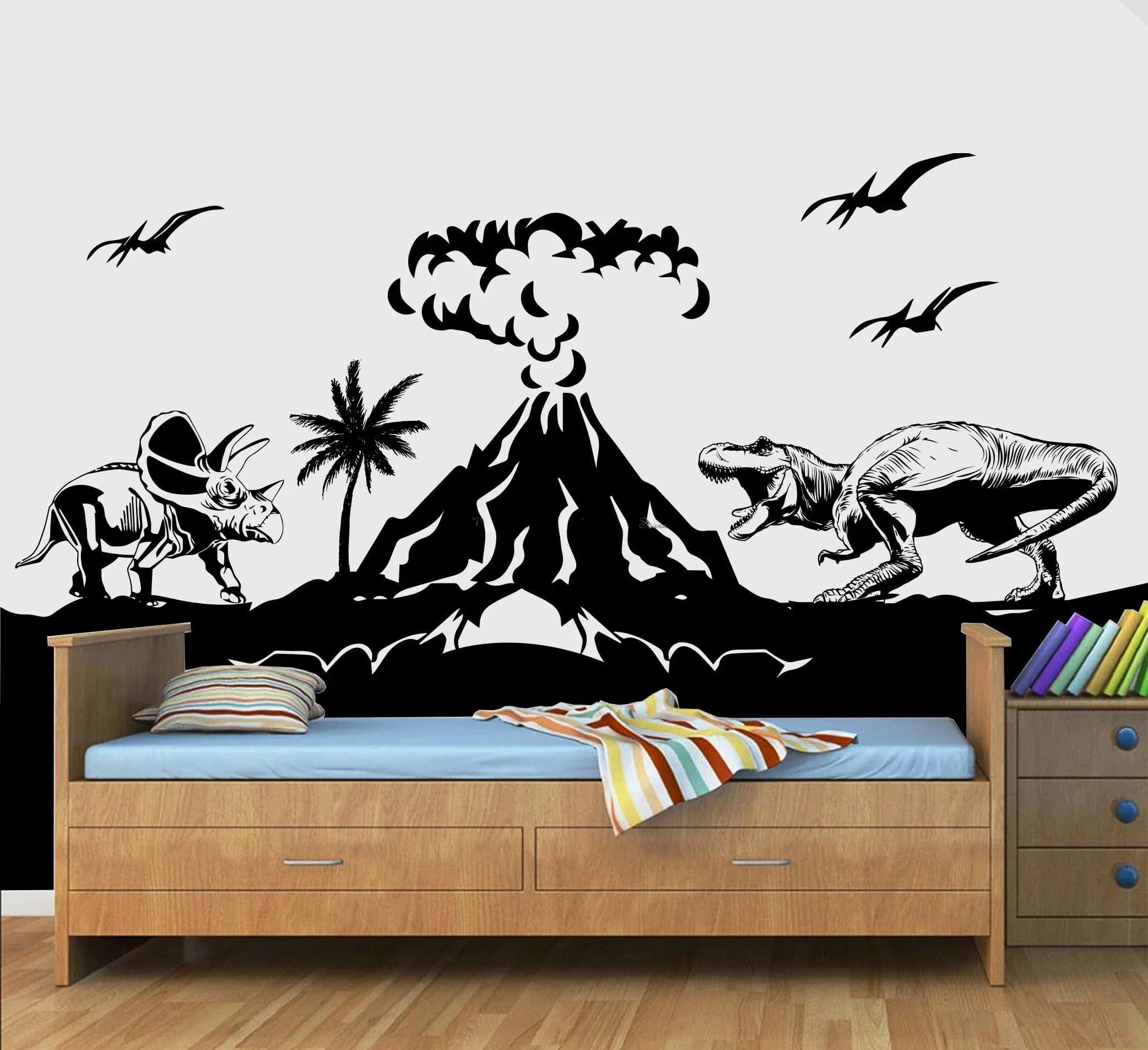 Autocollant Mural en Vinyle Motif Dinosaure Vrannosaurus, Vinyle, Palmier, Décoration pour Chambre d'Enfant, Fille et Garçon, Adolescent, 8