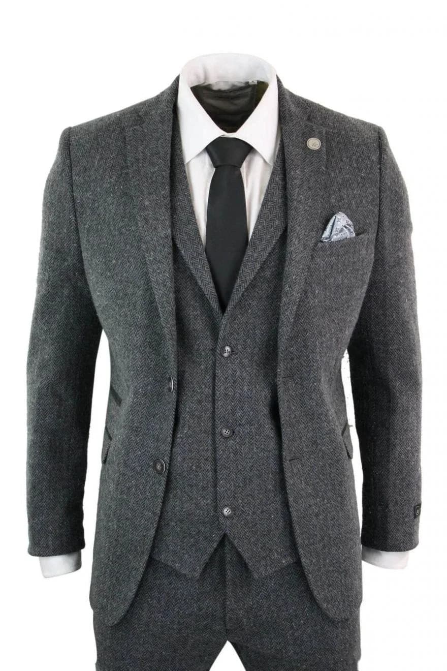 Costume de mariage gris 3 pièces pour homme, revers cranté, deux boutons, en tweed chevrons, sur mesure, style Peaky Blinders, pour le marié