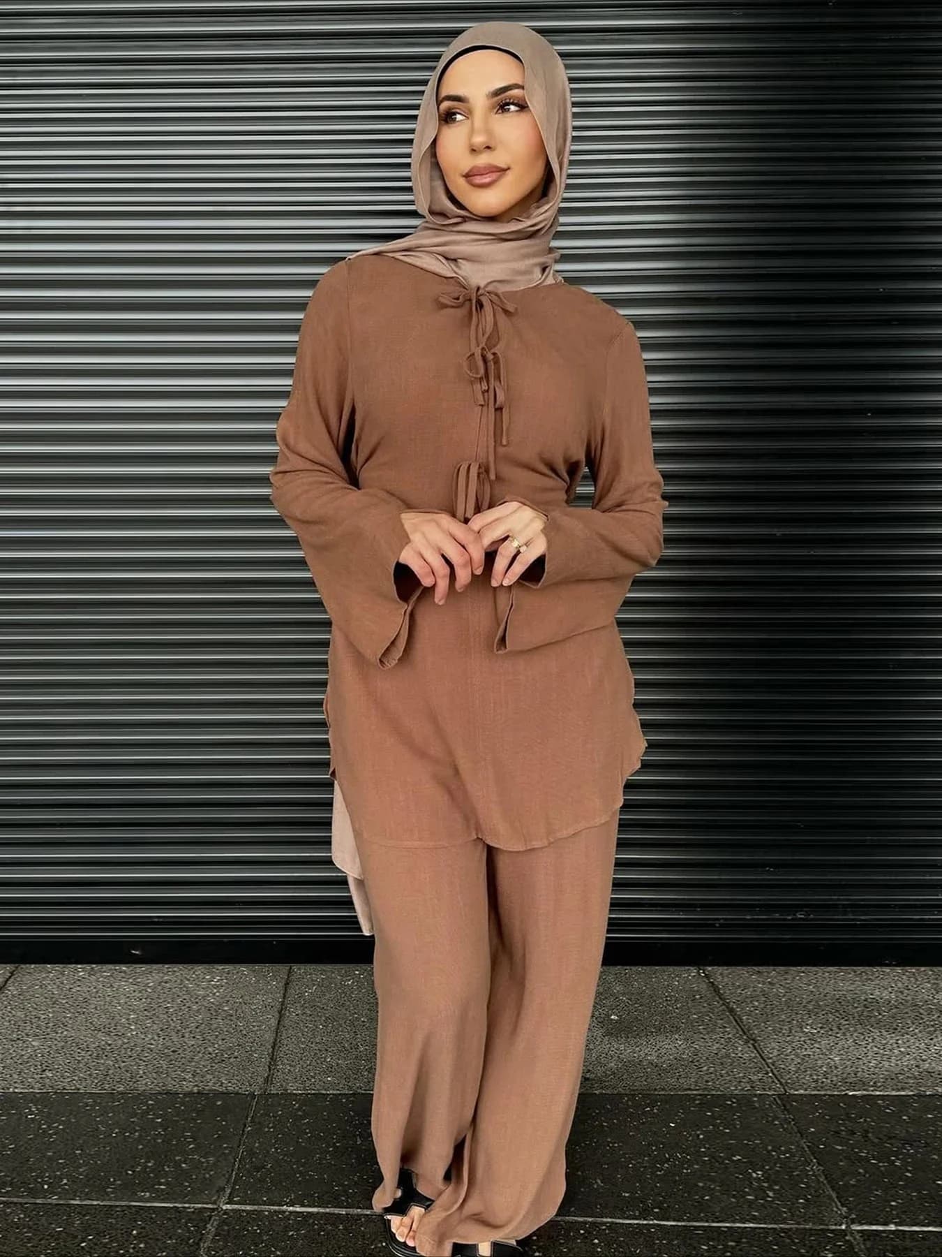 Ramadan deux pièces Ensembles hauts et pantalons femmes musulman Abaya Bow chemise robes caftan marocain islamique Musulman Ensembles Ensembles 2025
