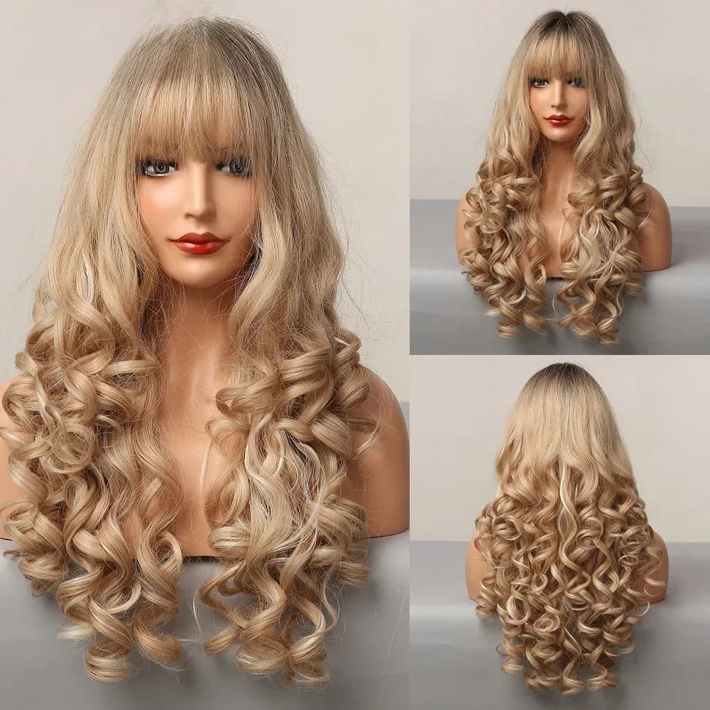 EASIHAIR – perruques synthétiques ondulées longues et amples avec frange, faux cheveux résistants à la chaleur pour femmes, brun ombré, Champagne, blond, reflets