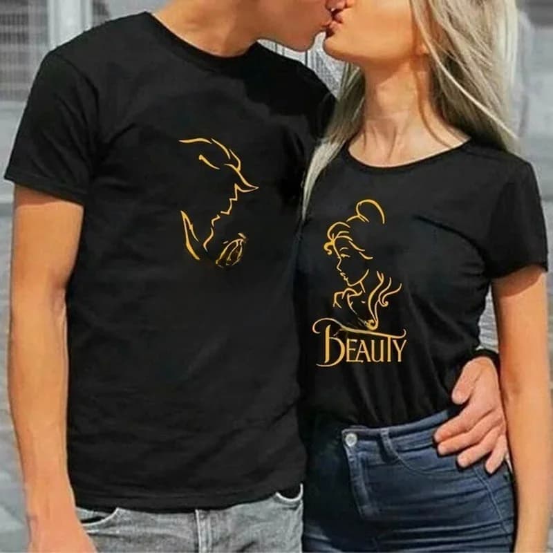 T-shirt col rond pour couple, estival et décontracté, à la mode, avec imprimé de la Belle et la Bête, King et Queen, pour les amoureux