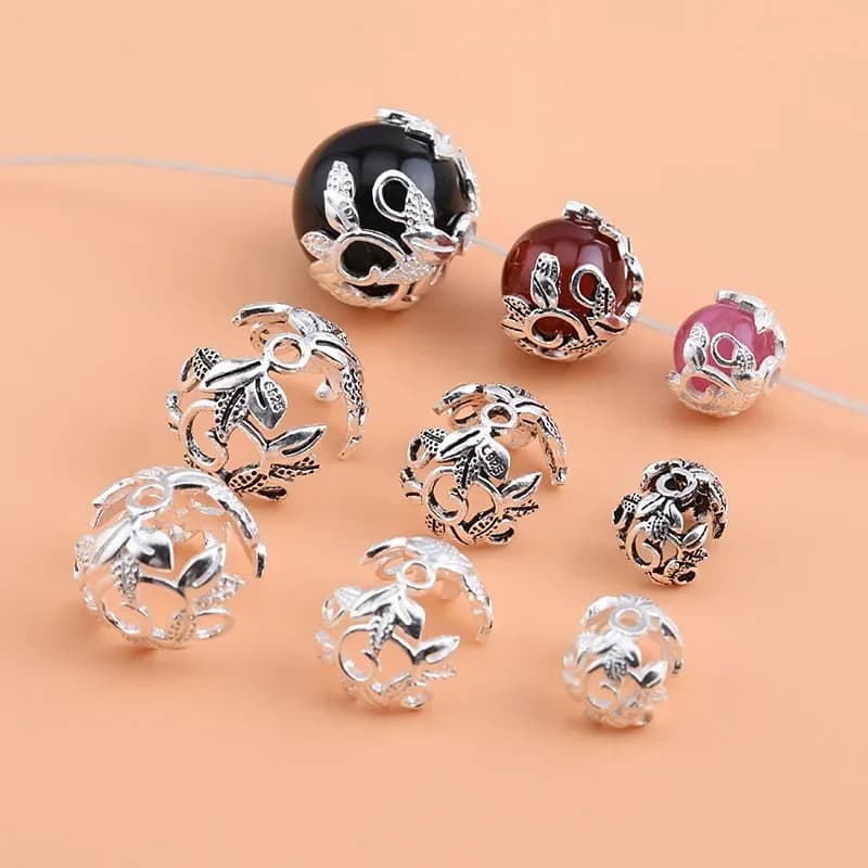 Accessoires de bracelet bricolage en argent regardé S925, sac de fleurs en argent uni, réceptacle tout compris rétro à l'ancienne, perles