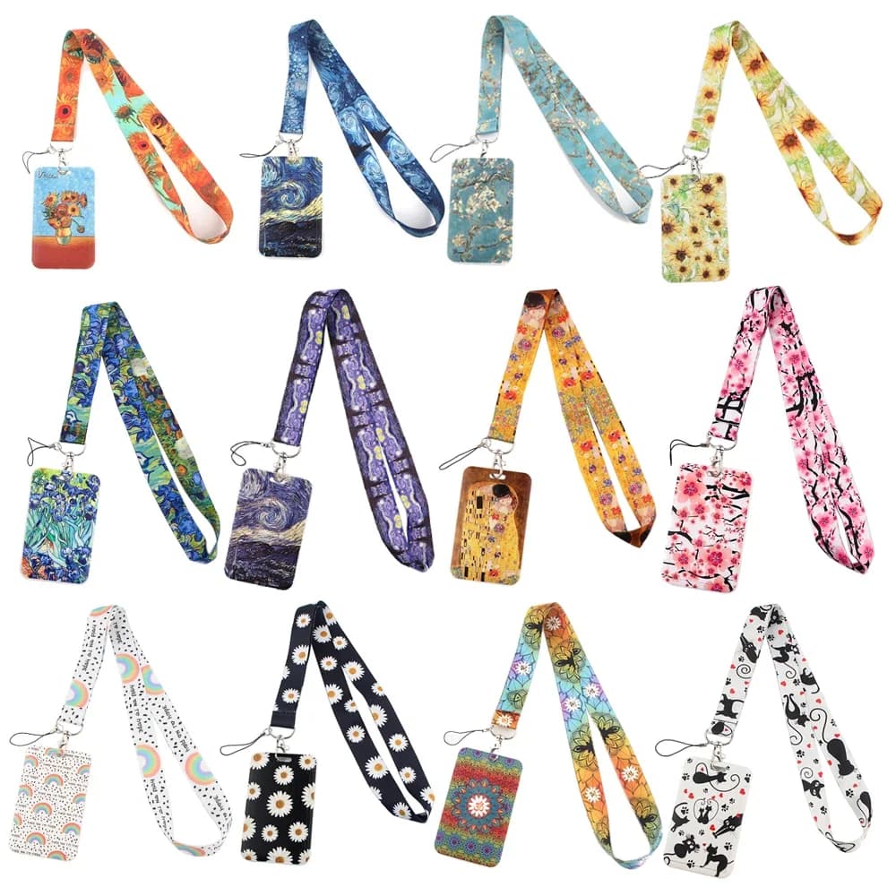DZ1330 En gros Porte-carte d'identité et porte-clés Van Gogh Marguerite avec cordon, pour carte d'identité, badge, carte de gym, téléphone portable, bijoux
