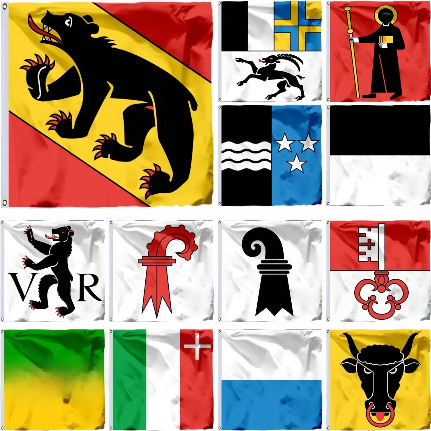 Drapeau de la Suisse, Berne, 21x21 cm, 3x3 pieds, 4x4 pieds, Obwalden et Bâle, Glarus du Canton de Graubünden, Canton de l'Aargau, Bannière, Lucerne, Neuchâtel, Uri