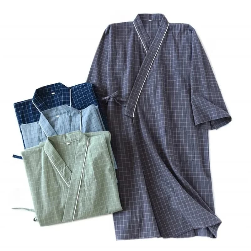 Peignoir d'été en gaze 100% coton, kimono de style japonais pour hommes, peignoir à carreaux, kimono ample, peignoir pour hommes, idéal pour la transpiration, le bain de vapeur et le sommeil.