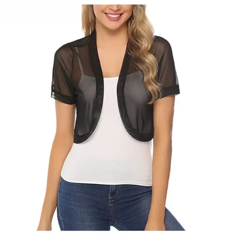 Châle en tulle fin pour femmes, haussement d'épaules pour femmes, vêtements de plage décontractés, crème solaire, manches courtes, cardigan court Yrer Embed, mode estivale