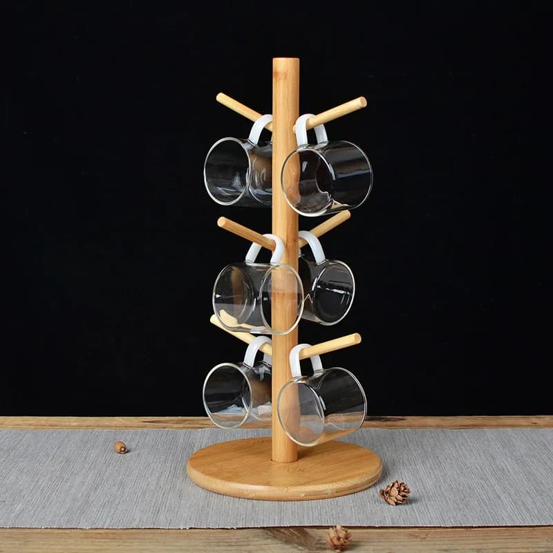 Support de rangement en bois en forme d'arbre pour tasse à café et à thé, étagère à verres avec 6 crochets, tasse de cuisine à domicile, présentoir, T1