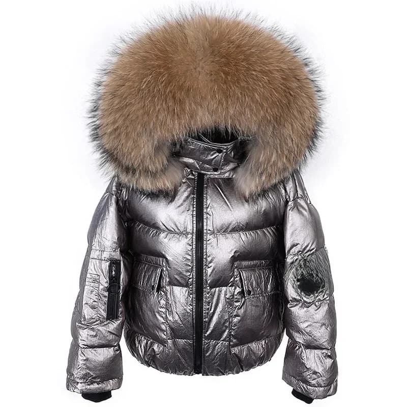 Maomaokong 2026 Nouvelle veste d'hiver courte en duvet noir pour femme, col en fourrure de renard véritable, à capuche, imperméable, épaisse, chaude, manteau argenté pour femme