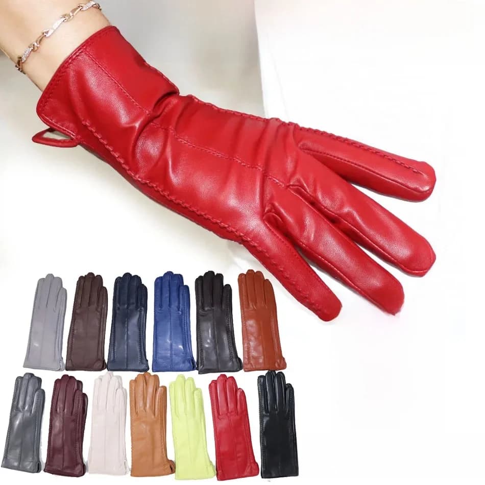 Gants en cuir de couleur pour femmes, gants en peau de mouton à écran tactile haut de gamme, gants en cuir de conducteur mince et moelleux d'hiver, gants en cuir naturel à vélo court à la mode,