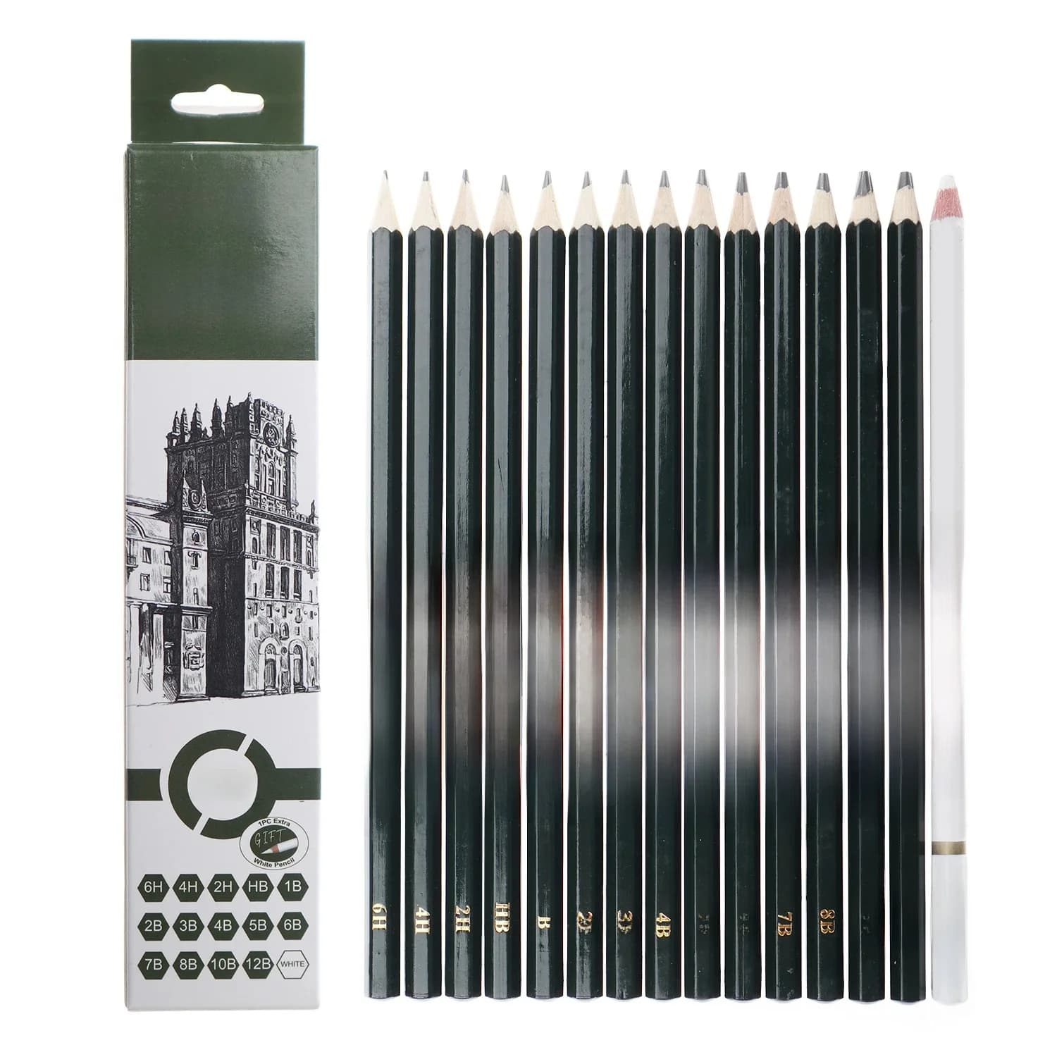 Seasiart – ensemble de crayons de dessin en bois, fournitures professionnelles d'art, croquis, crayons à charbon blanc, papeterie de peinture artistique, 15 pièces/ensemble