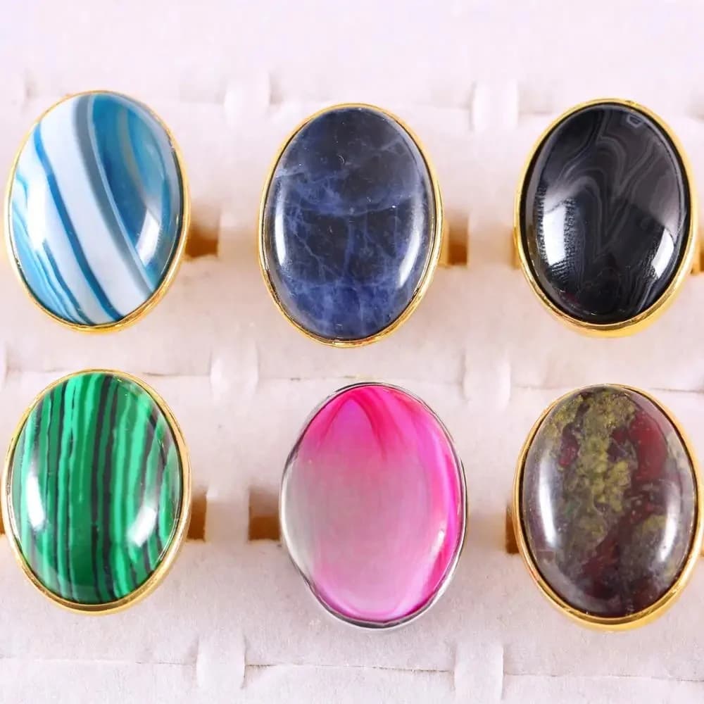 Bague Ajustable en Pierre Naturelle pour Homme et Femme, Cabochon Ovale CAB, Perle de Clip, Opale, Rhodonite, Malachite, Howlite, Onyx