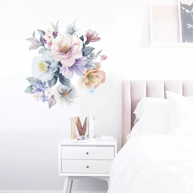 Autocollant mural fleurs romantiques, décoration murale pour la maison, salon, chambre à coucher, papier peint artistique à l'eau, autocollants amovibles