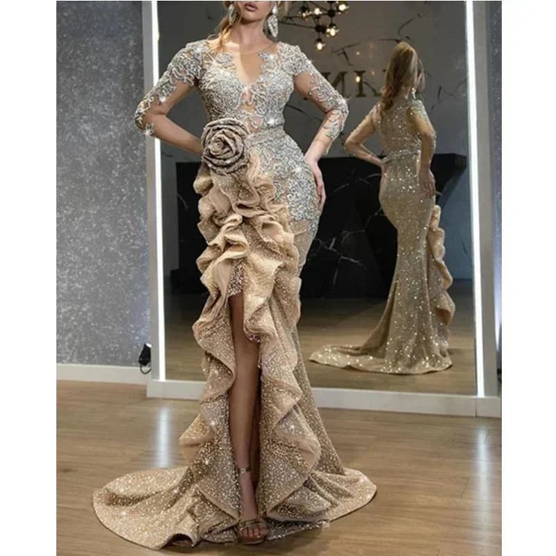 Lugentolo-Robe de soirée à paillettes pour femmes, nœud mince, manches longues, col rond, maille élégante, vêtements queClothing pour dames, banquet