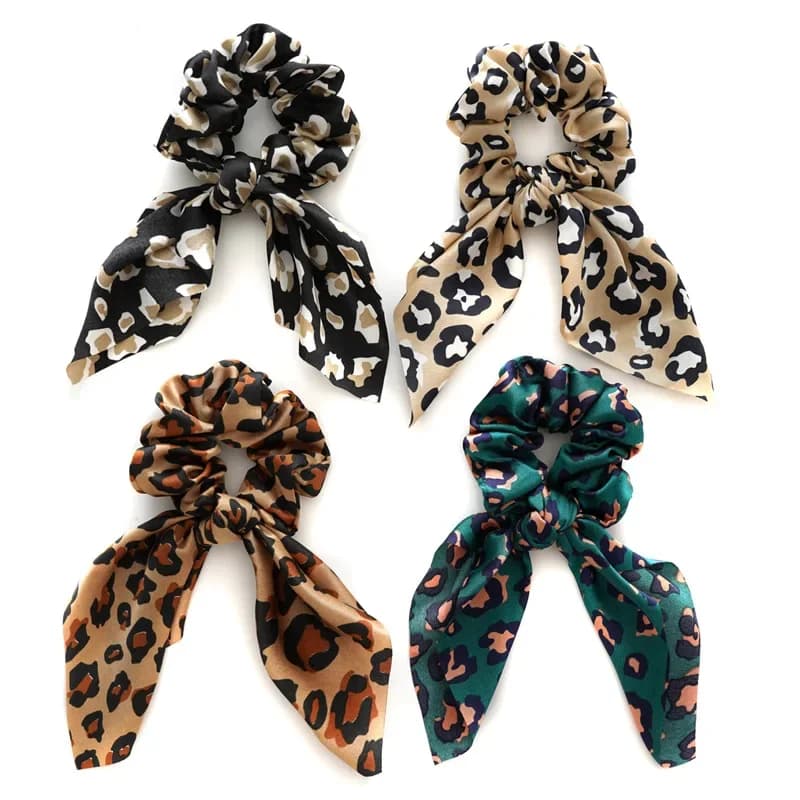 Chouchou élastique oreilles de lapin pour fille, imprimé léopard, queue de cheval en Satin, nœuds de cheveux, accessoires de capuche pour femmes