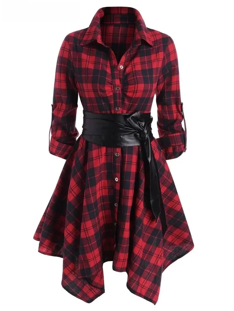 Robe de soirée trapèze à manches longues ceinturée à carreaux gothiques pour femmes, mouchoir décontracté, robe éducative, manches roulées, rouge, automne
