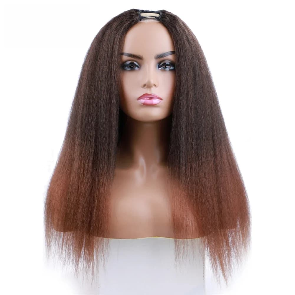 Lydia Afro crépus droite U partie couleur mixte brun Bug rouge cheveux perruque résistant à la chaleur synthétique 20 pouces perruques quotidiennes pour les femmes moelleux