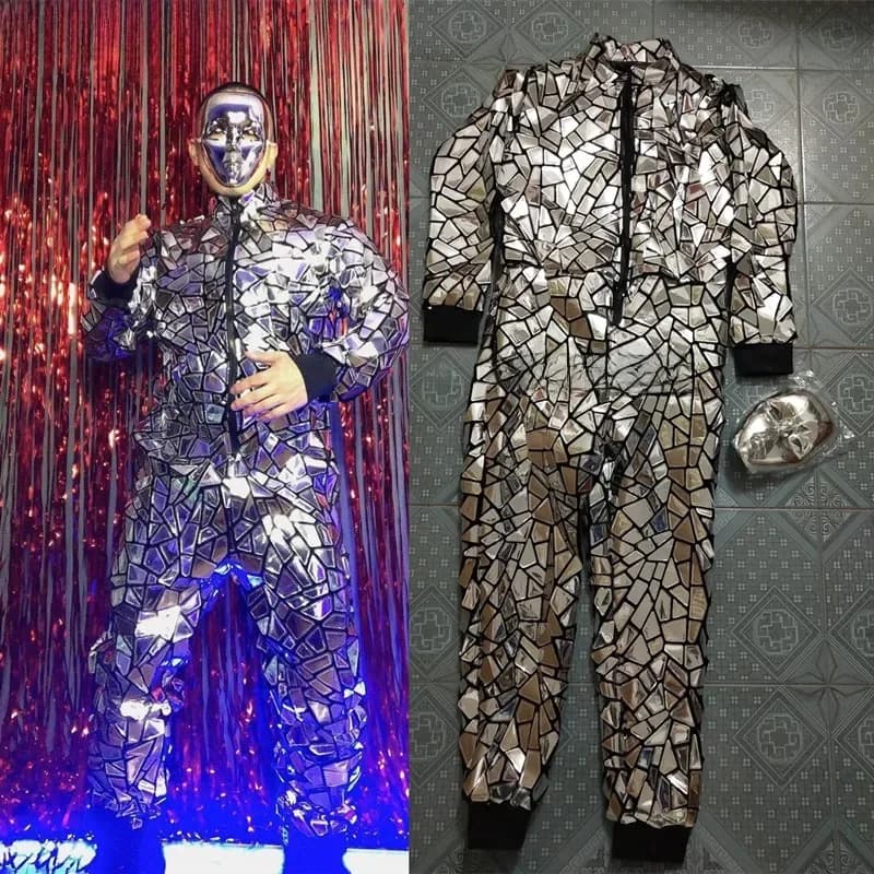 Combinaison à paillettes argentées avec fermeture éclair, salopette pour homme, chanteur, HIP HOP, vêtements de spectacle sur scène, discothèque, Bar, Costume d'équipe de danseuse