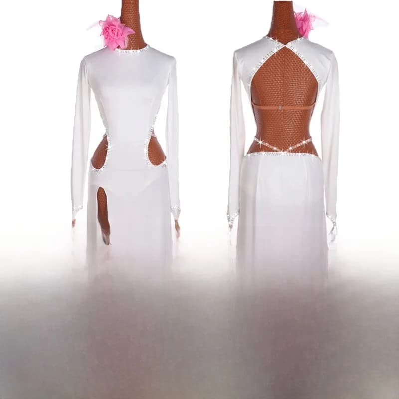 Robe de danse sexy à fente haute pour adulte, Performance latine, Blanc personnalisé, Paillettes de Rotterdam, Diamant long, Nouveau