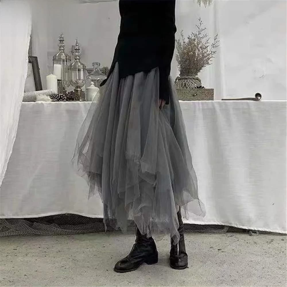 Jupes longues plissées irrégulières en tulle gris gothique, taille haute élastique, jupes mi-longues en maille A-Line, streetwear punk vintage
