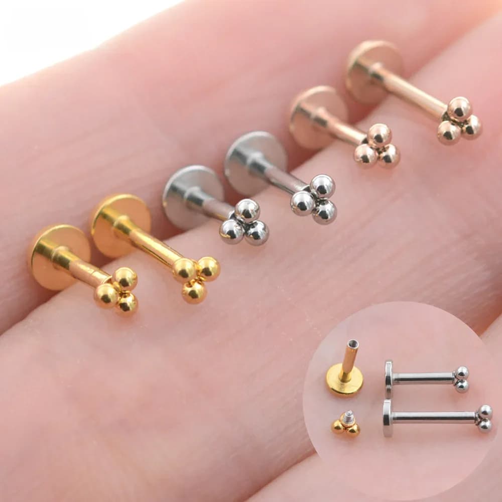 2 pièces 16G Poste de 2,7 mm à trois billes, Piercing pour femme, type Stud pour nez, labret, anneau de lèvre, hélix, tragus, cartilage, Medusa, Bijoux de piercing