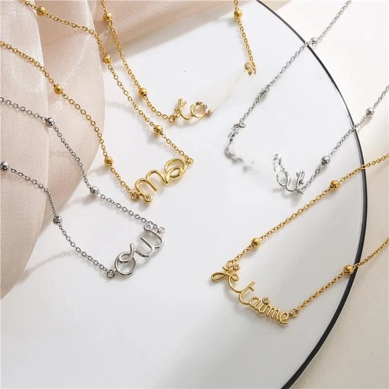 Collier en laiton plaqué or 18 carats avec lettres françaises, chaîne en acier inoxydable, pendentif avec inscription « Oui/Toi Moi » serti de zirconiums, cadeau de bijoux