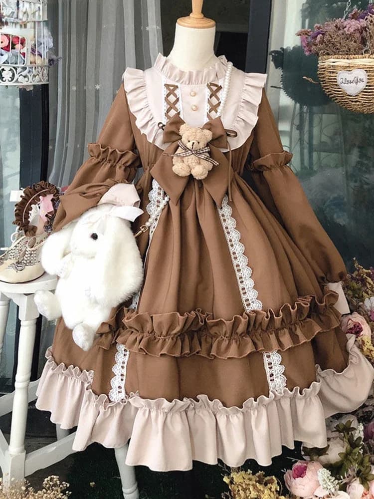NONSAR-Robe Lolita Vintage Gothique Japonaise pour Femme, Kawaii, Nministériels d Ours, Dentelle, Bleu, Manches sulf, Princesse, Costume d'Halloween