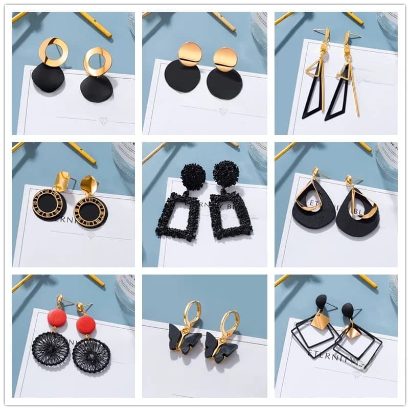 Boucles d'oreilles en forme de fleur pour femmes, couleur noire Cool, géométrie ronde, cœur, feuille, papillon, cristal, bijoux de fête, cadeau d'été