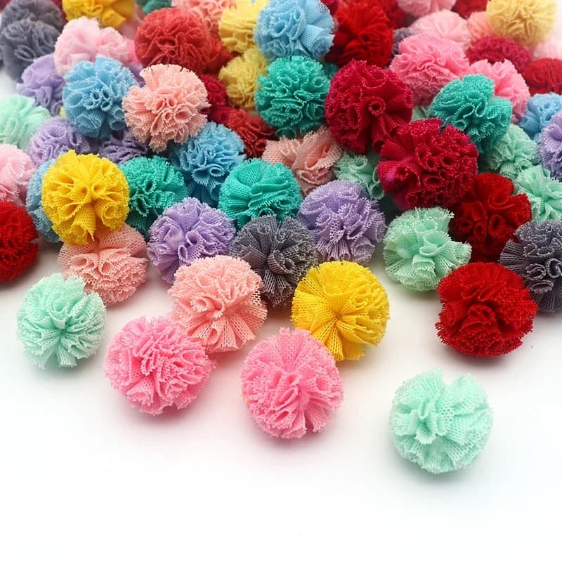 30-60 pièces 2.5 Cm dentelle gaze élastique fleur boule bricolage artisanat fournitures chapeaux bijoux bricolage pendentif matériel fil boule Pompons