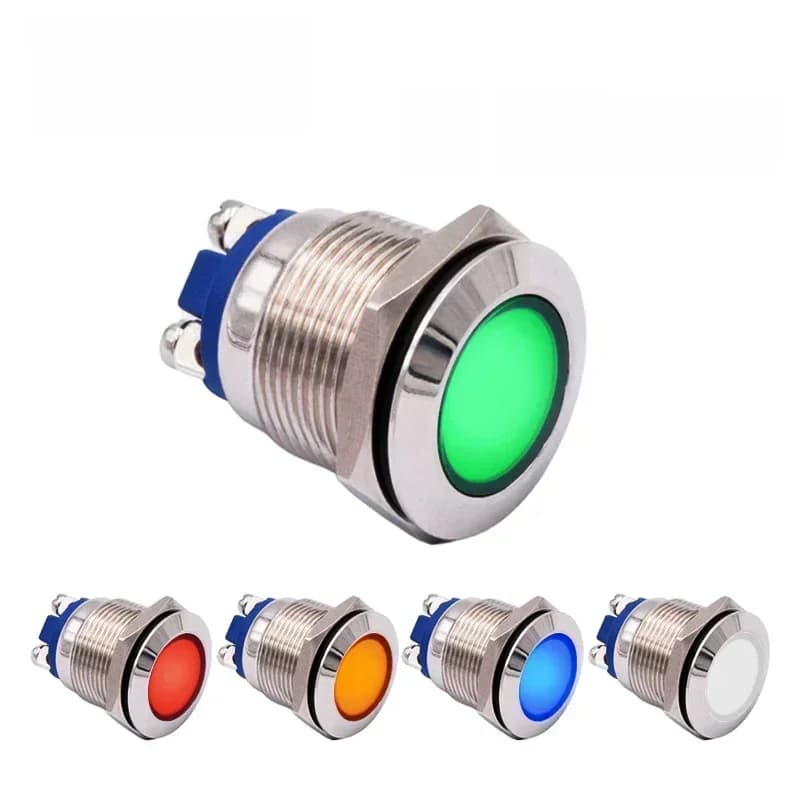 Indicateur LED en métal de 19mm, LED rouge vert bleu jaune blanc 12V 24V 220V, lampe de signalisation pilote chromée étanche