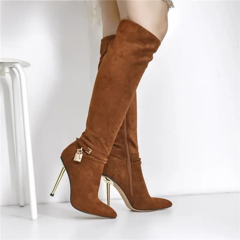 Onlymaker – bottes en daim marron à bout pointu pour femmes, décoration avec fermeture éclair latérale, hauteur du genou, talon Stiletto en métal, à la mode