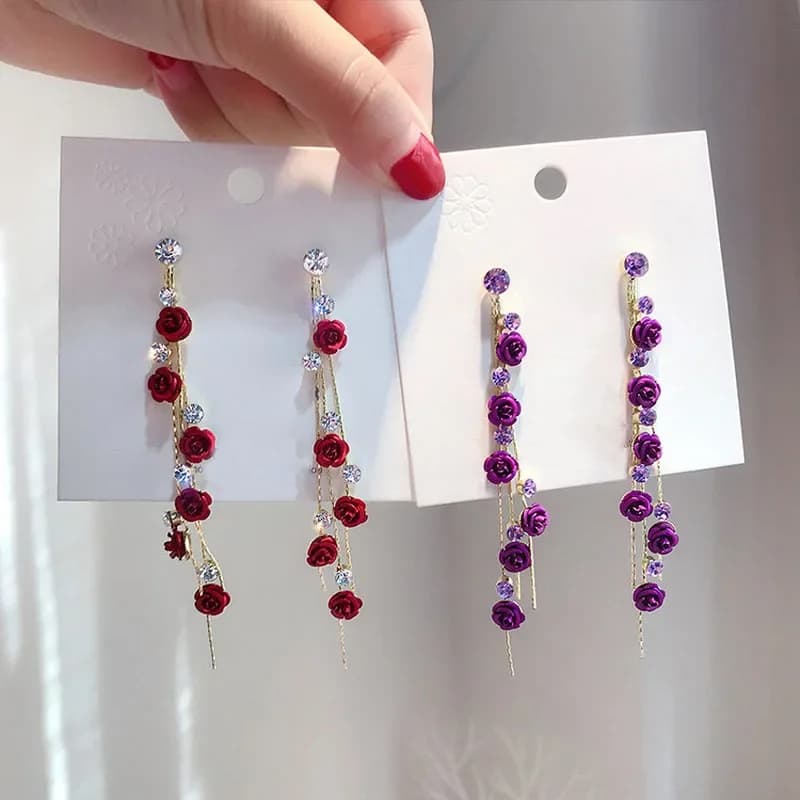 Boucles d'oreilles en forme de pétale de Rose rouge pour femmes, Bijoux de couleur or Rose violet, longues pampilles, Bijoux de fête de mariage