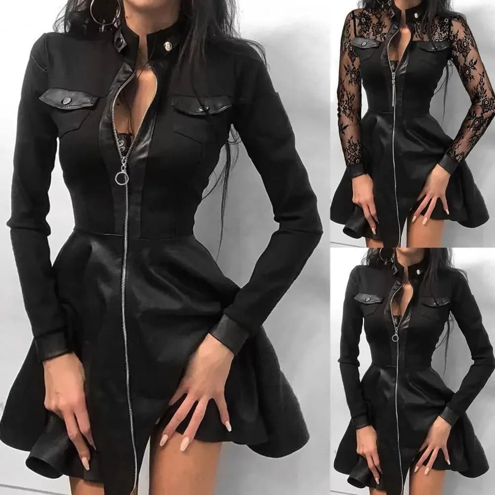 Robe mini en similicuir à manches longues avec fermeture éclair et poches, ourlet large, dentelle, vêtements pour femmes, robe de soirée élégante, Vestidos 5XL