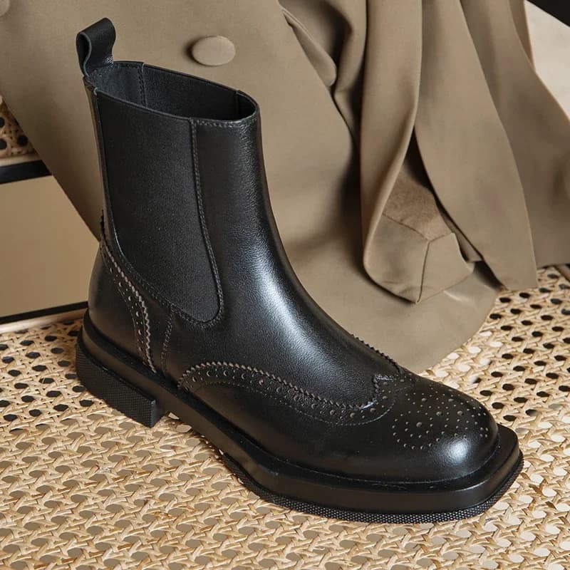 Bottes Chelsea à talons épais en cuir véritable pour femme, chaussures d'hiver à enfiler, Style britannique