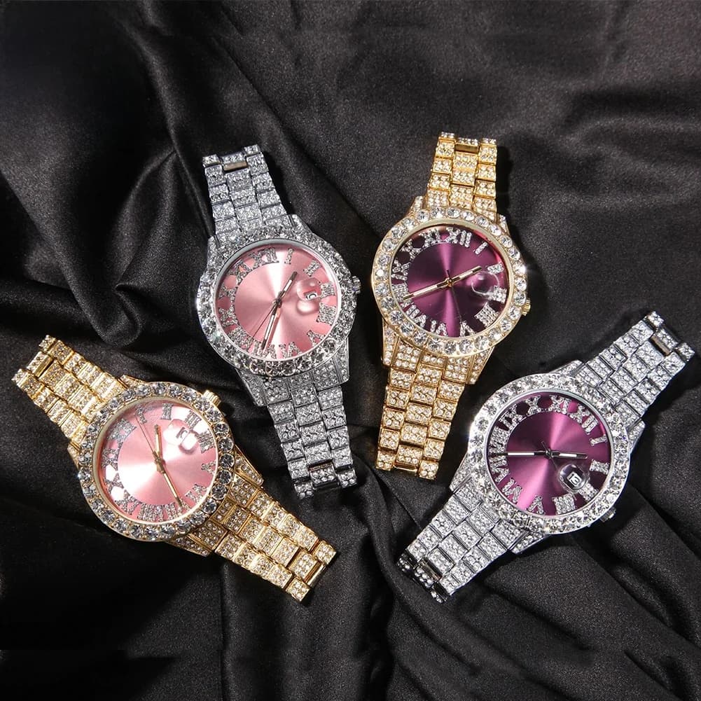 THE BLING KING-Montre à quartz étanche pour homme, grand cadran rose, violet, bleu, glacé, horloge de luxe, biscuits, affaires, montres-bracelets