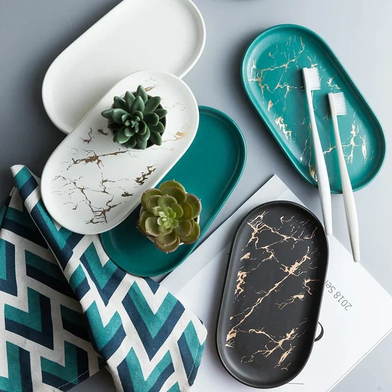 Plateau ovale en céramique et marbre, style nordique ins, plateau de rangement de bijoux, tasse de salle de bains, accessoires de décoration de bain, porte-savon vague dorée WF