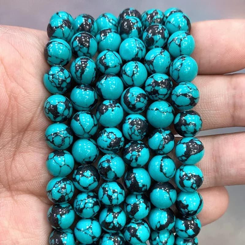 Perles rondes en Turquoises vertes à rayures noires, amples, accessoires de Bracelet, pierre synthétique pour la fabrication de bijoux, 15 pouces, 4/6/8/10/12mm