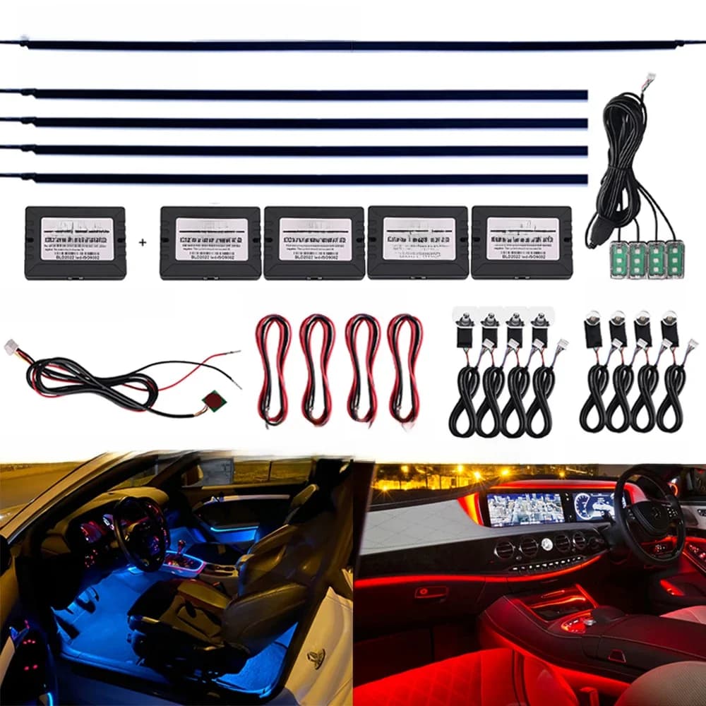 18 en 1 lumière ambiante pour intérieur de voiture 64 couleurs respirer tableau de bord porte décoration LED bande lumières RGB Bluetooth App contrôle 12V