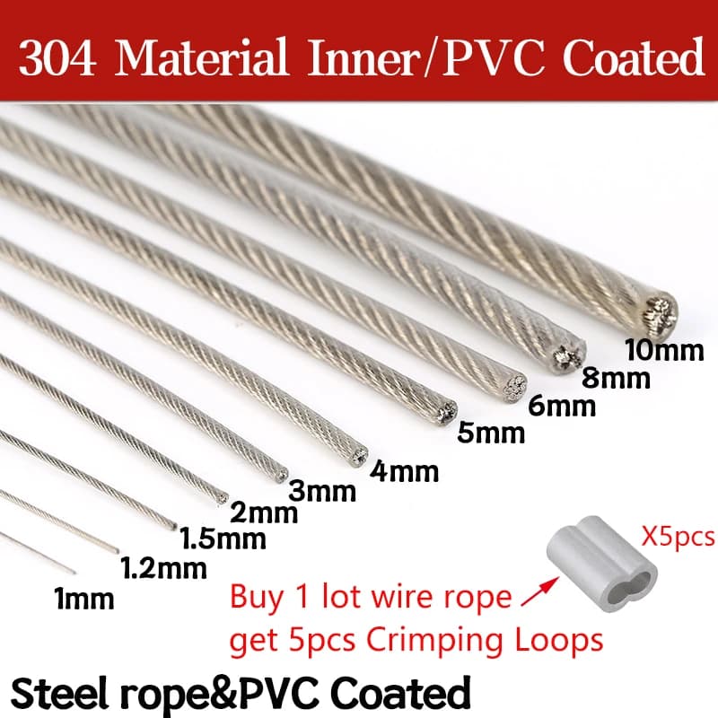 Câble métallique flexible revêtu de PVC, acier inoxydable transparent, ULà tout, diamètre 5/10mm, 0.8mm, 1/1mm, 3mm, 4mm, 2/2 m