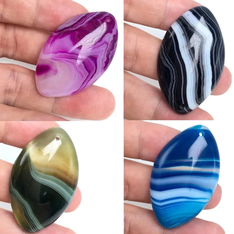 Perles d'agates rayées en pierre naturelle, violet, vert, bleu, noir, cabochons marquise, pendentif en pierre 28x45mm pour la fabrication de bijoux