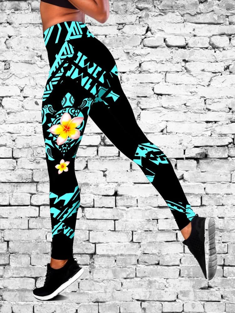 Legging et débardeur Sexy et élastique pour femme, tatouage et fleurs de tortue de mer en polynésien, imprimé en 3D, DDK28