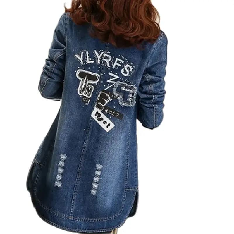 Veste en jean mi-longue pour femme, vestes à manches longues, coupe-vent femme, manteau long en denim, printemps, automne, 472, 5XL
