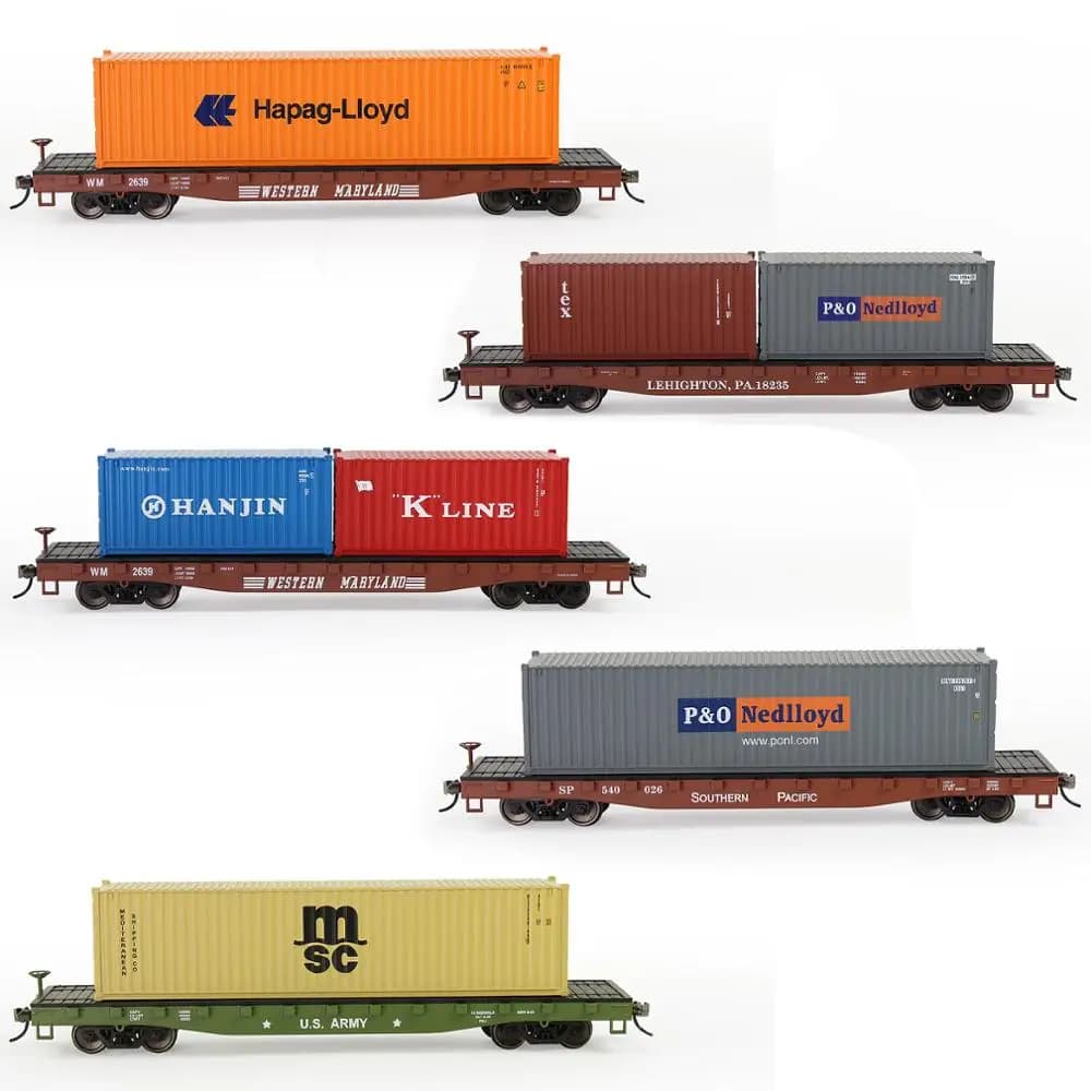 Modèle ferroviaire HO échelle 1:87 52 pieds voiture plate avec 20 pieds 40 pieds conteneur d'expédition boîte de fret Lot C8741