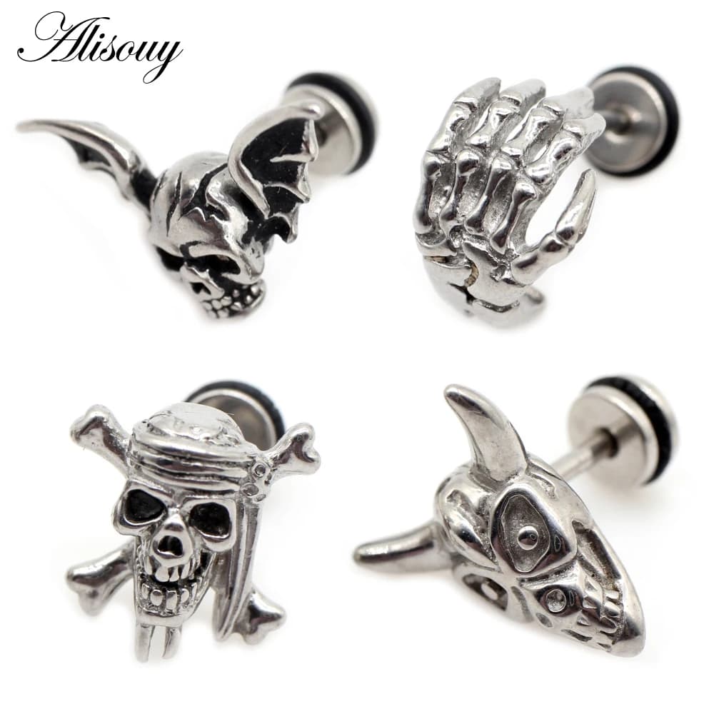 Alisouy – boucles d'oreilles en acier inoxydable pour hommes et femmes, 2 pièces, clous de tête de mort, cornes d'oreille, Tragus, Cartilage, Helix, Piercing, bijoux pour le corps