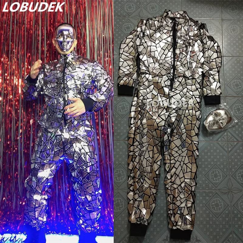 Combinaison à paillettes argentées avec fermeture éclair, salopette pour homme, chanteur, HIP HOP, vêtements de spectacle sur scène, discothèque, Bar, Costume d'équipe de danseuse