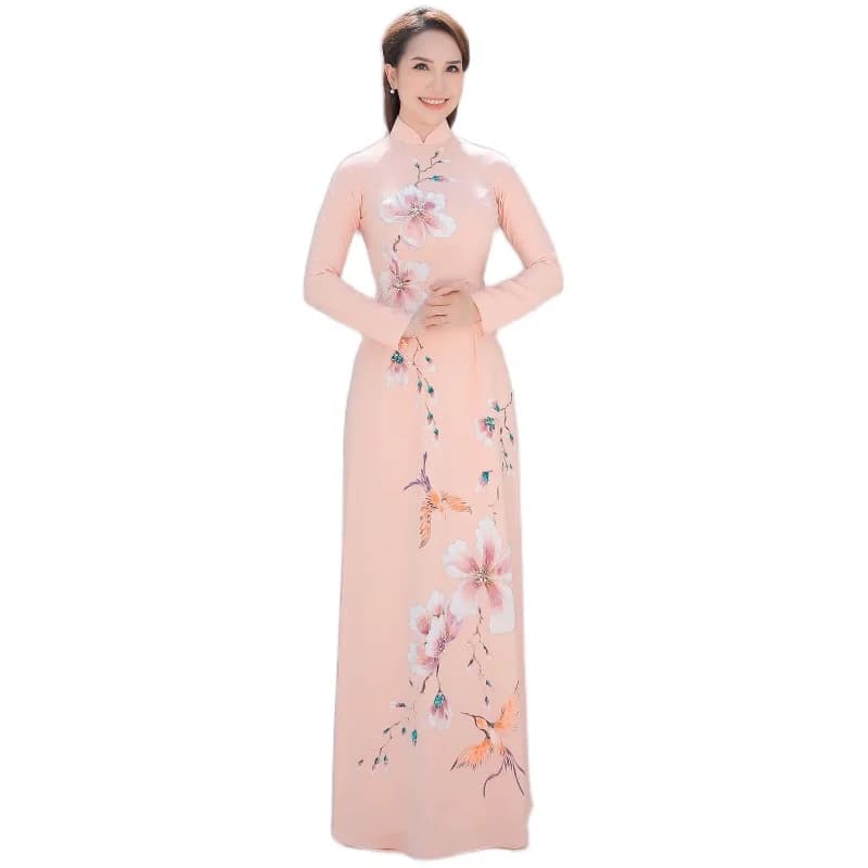 Fleurs peintes à la main beiges PLAaodai, robe vietnamienne, Cheongsam, robe traditionnelle vietnamienne, pantalons et robes