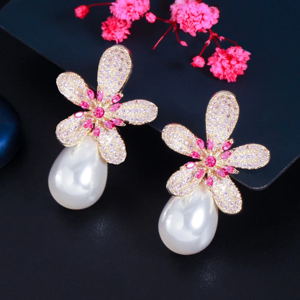 CWWZircons – boucles d'oreilles géométriques en zircone cubique rouge, grande fleur, goutte de perle pour femmes, bijoux de luxe, fiançailles, mariage, CZ875