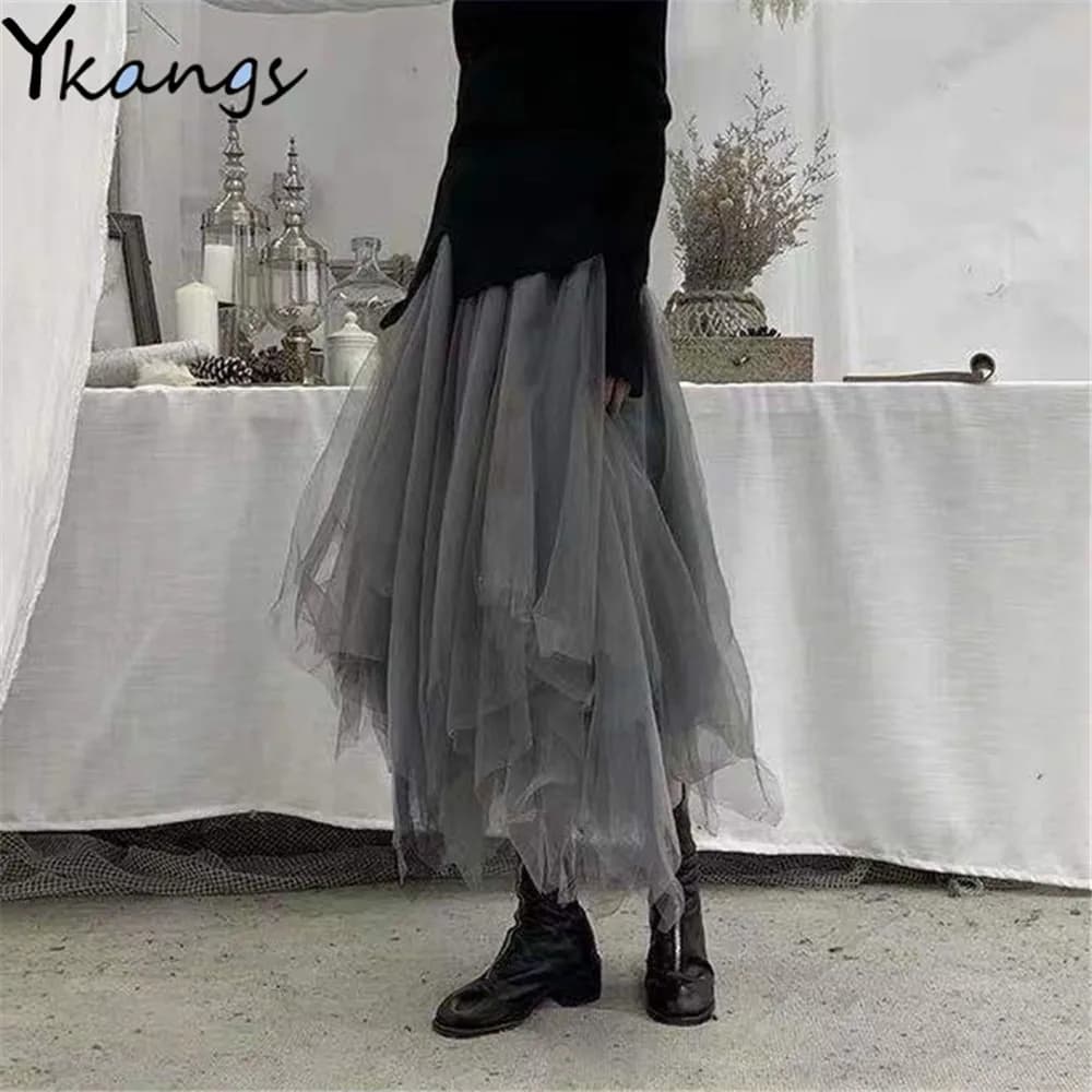 Jupes longues plissées irrégulières en tulle gris gothique, taille haute élastique, jupes mi-longues en maille A-Line, streetwear punk vintage
